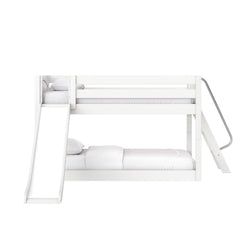 White wooden twin-over-twin bunk bed with built-in slide and angled metal ladder, modern kids loft bed with white bedding and safety rails