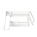 White wooden loft bunk bed with slide and ladder, twin-over-full kids’ bed with guardrails and white bedding for a modern children's bedroom
