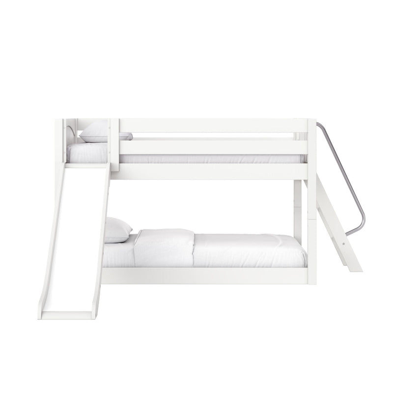 White wooden loft bunk bed with slide and ladder, twin-over-full kids’ bed with guardrails and white bedding for a modern children's bedroom