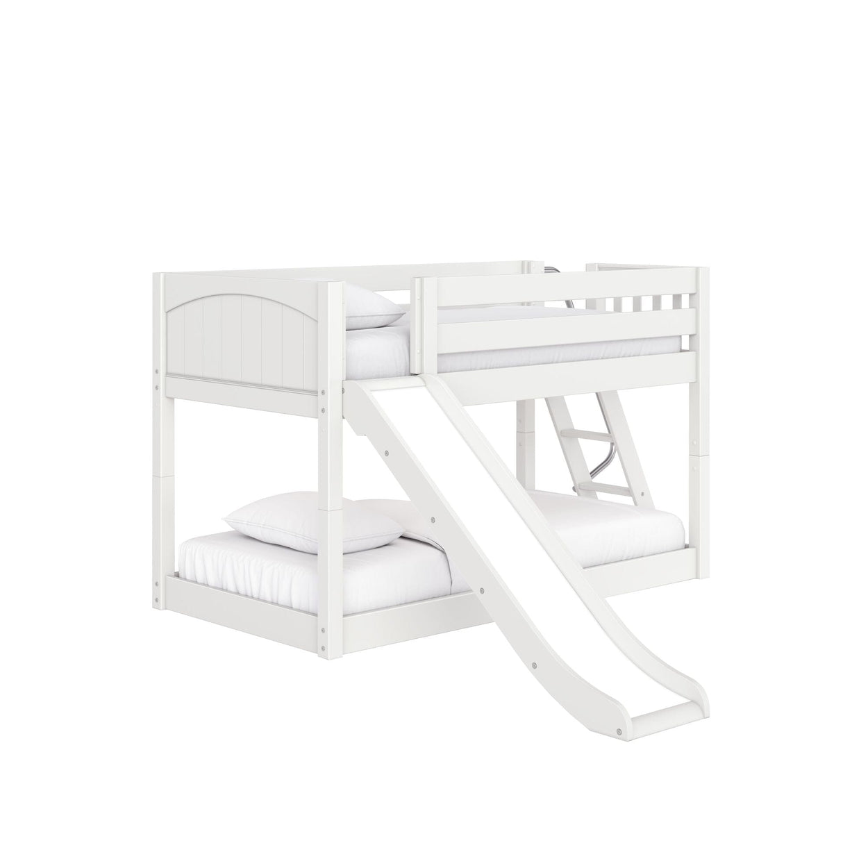 White wooden twin loft bed with slide and ladder, safety guardrails and mattress for kids' bedroom