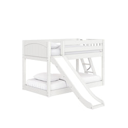 White wooden twin loft bed with slide and ladder, safety guardrails and mattress for kids' bedroom