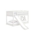 White kids loft bunk bed with slide and ladder, two mattresses and pillows, modern children's bedroom furniture