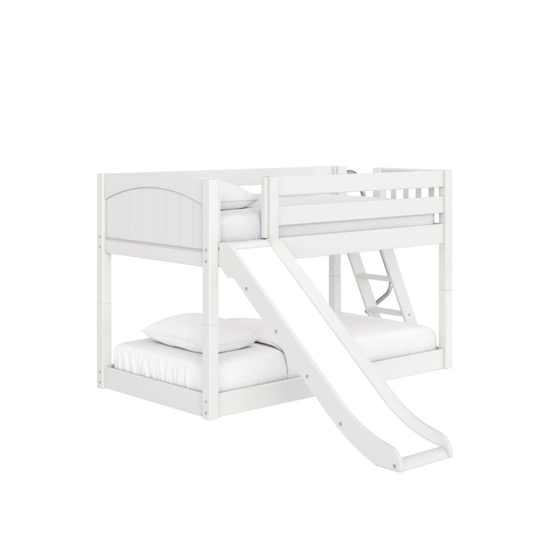 White kids loft bunk bed with slide and ladder, two mattresses and pillows, modern children's bedroom furniture