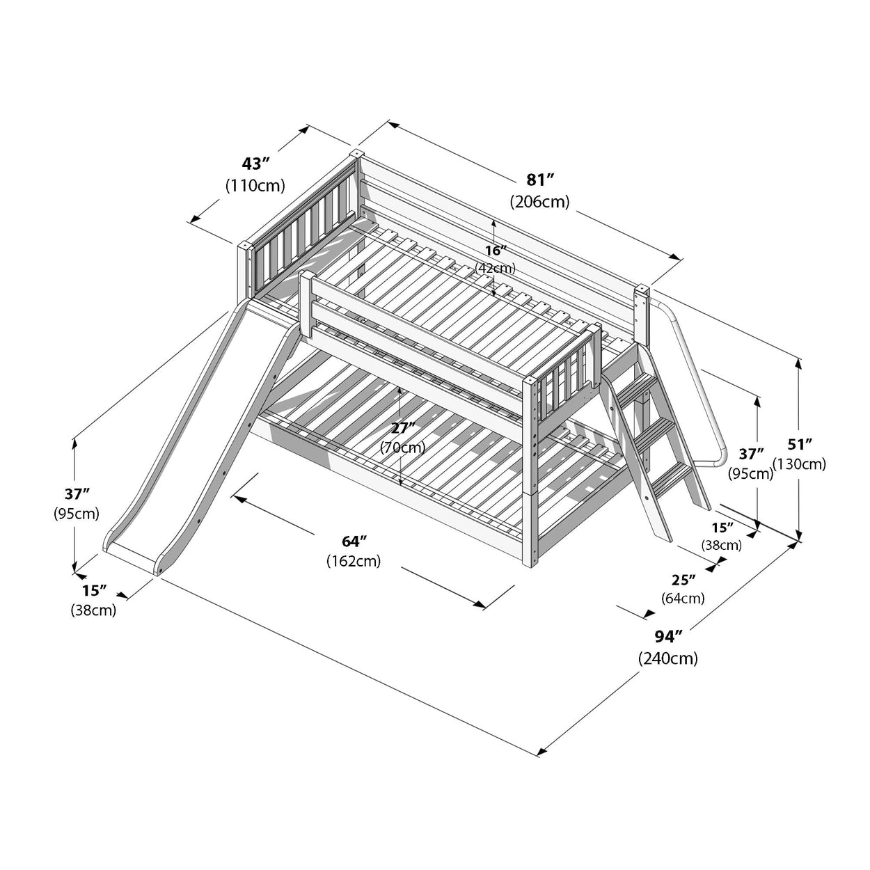 Isometric technical drawing of a wooden twin-over-twin kids' bunk bed with slide and angled ladder, safety rails and slatted mattress supports, annotated with dimensions in inches and centimeters