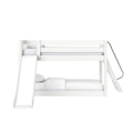 White wooden kids bunk bed with slide and ladder, modern minimalist children's bedroom furniture with guardrails and white bedding