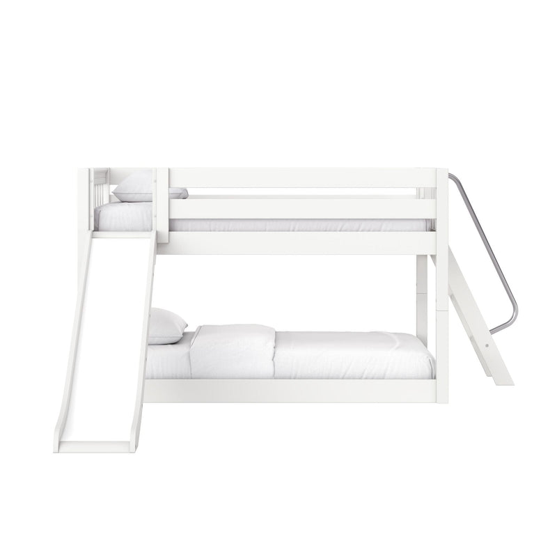 White wooden kids bunk bed with slide and ladder, modern minimalist children's bedroom furniture with guardrails and white bedding
