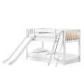 White wooden kids loft bunk bed with built-in slide, ladder, safety rails and slatted accents, shown with mattresses and pillows