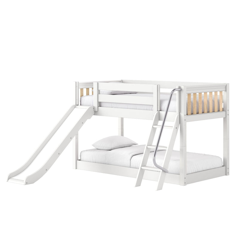 White wooden kids loft bunk bed with built-in slide, ladder, safety rails and slatted accents, shown with mattresses and pillows