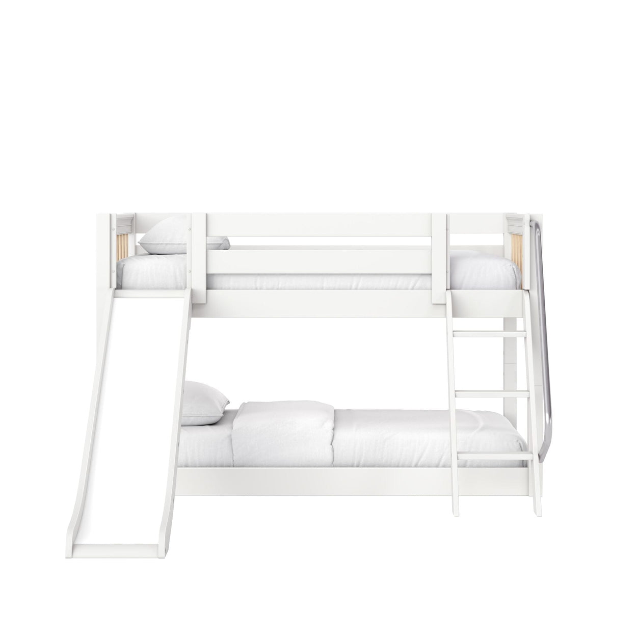 White wooden bunk bed with slide and ladder, twin-over-full kids loft bed with safety rails and white bedding, modern children's bedroom furniture