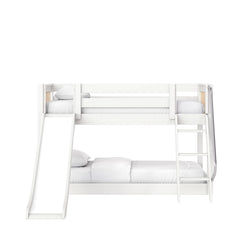 White wooden bunk bed with slide and ladder, twin-over-full kids loft bed with safety rails and white bedding, modern children's bedroom furniture