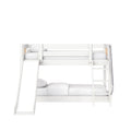 White wooden twin-over-full bunk bed with built-in ladder and slide, modern kids loft bed with white bedding for small bedrooms
