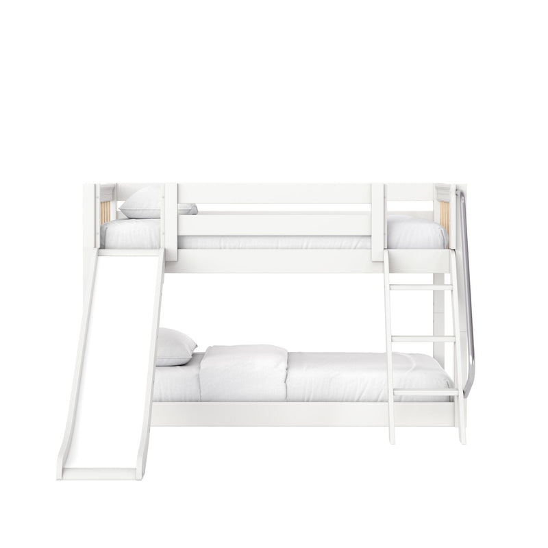 White wooden twin-over-full bunk bed with built-in ladder and slide, modern kids loft bed with white bedding for small bedrooms