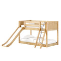 Natural maple wood bunk bed with built-in slide and ladder — twin-over-full children's loft bed with safety rails and white bedding
