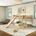 Kids wooden bunk bed with slide in bright neutral children's bedroom with green bedding, framed wall art, roman shades and wooden toy airplane