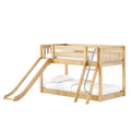 Natural wood children's loft bunk bed with built-in slide and ladder, twin-over-full configuration, safety rails and white bedding