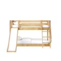 Light natural wood twin-over-full bunk bed with slide and ladder, white bedding, space-saving kids' bedroom furniture