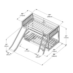 Technical diagram of a wooden kids bunk bed with slide and angled ladder, slatted guardrails and under-bed space, detailed dimensions in inches and centimeters for room planning