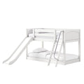 White kids loft bunk bed with built-in slide and ladder, modern wooden frame and mattress