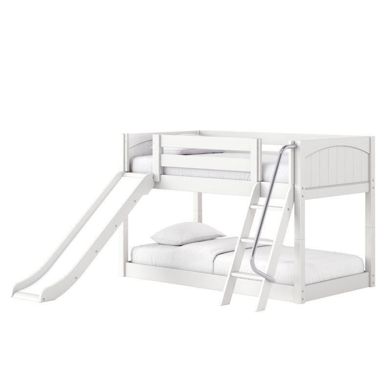 White kids loft bunk bed with built-in slide and ladder, modern wooden frame and mattress