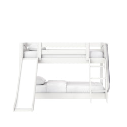 White wooden twin-over-full bunk bed with built-in slide and ladder, white bedding, modern kids' bedroom furniture