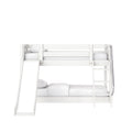 White wooden children's bunk bed with slide and ladder, modern design with guardrails and white bedding