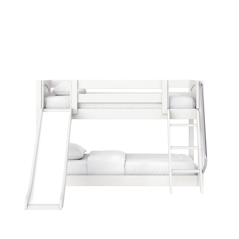 White wooden children's bunk bed with slide and ladder, modern design with guardrails and white bedding