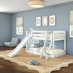 White twin-over-twin wooden bunk bed with slide and ladder in a light blue kids' bedroom, striped bedding, jute rug, beanbag chair and framed wall art