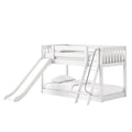 White wooden kids loft bunk bed with built-in slide, ladder and safety rails, styled with white bedding