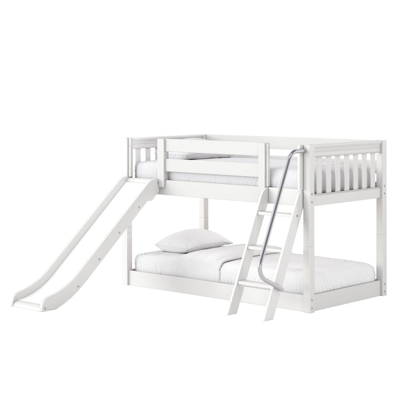White wooden kids loft bunk bed with built-in slide, ladder and safety rails, styled with white bedding