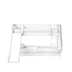 White wooden bunk bed with slide and ladder, twin-over-full kids loft bed with guardrails and white bedding