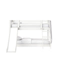 White wooden bunk bed with built-in slide and ladder, modern kids' bedroom furniture with white bedding