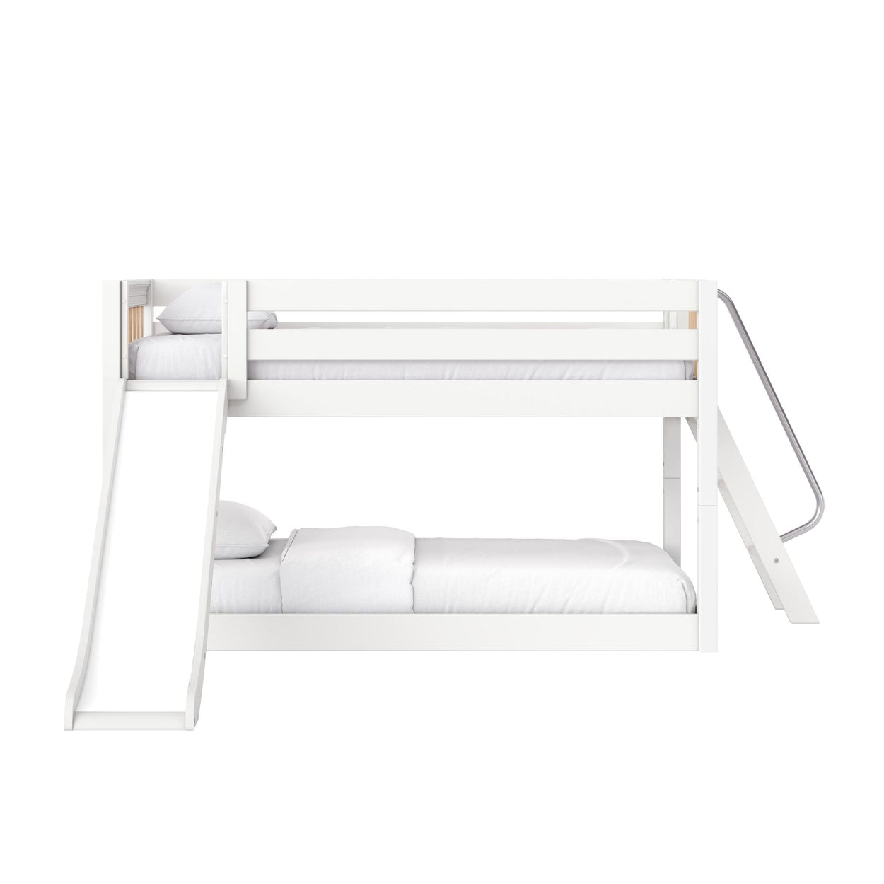 White wooden bunk bed with slide and ladder, modern children's two-tier loft bed with guardrails and white bedding, product-style shot on white background