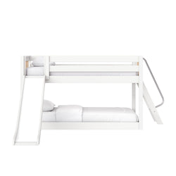 White wooden bunk bed with slide and ladder, modern children's two-tier loft bed with guardrails and white bedding, product-style shot on white background