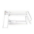Modern white wooden bunk bed with slide and ladder, twin mattresses, space-saving kids bedroom furniture