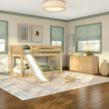 Kids' bedroom with natural wood bunk bed and slide, green-trimmed windows with striped Roman shades, light wood dresser, toy airplane and neutral nursery decor