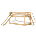 Natural maple wood loft bunk bed with slide and ladder, twin-over-full kids' bed with safety rails and white bedding optimized for children's bedroom decor