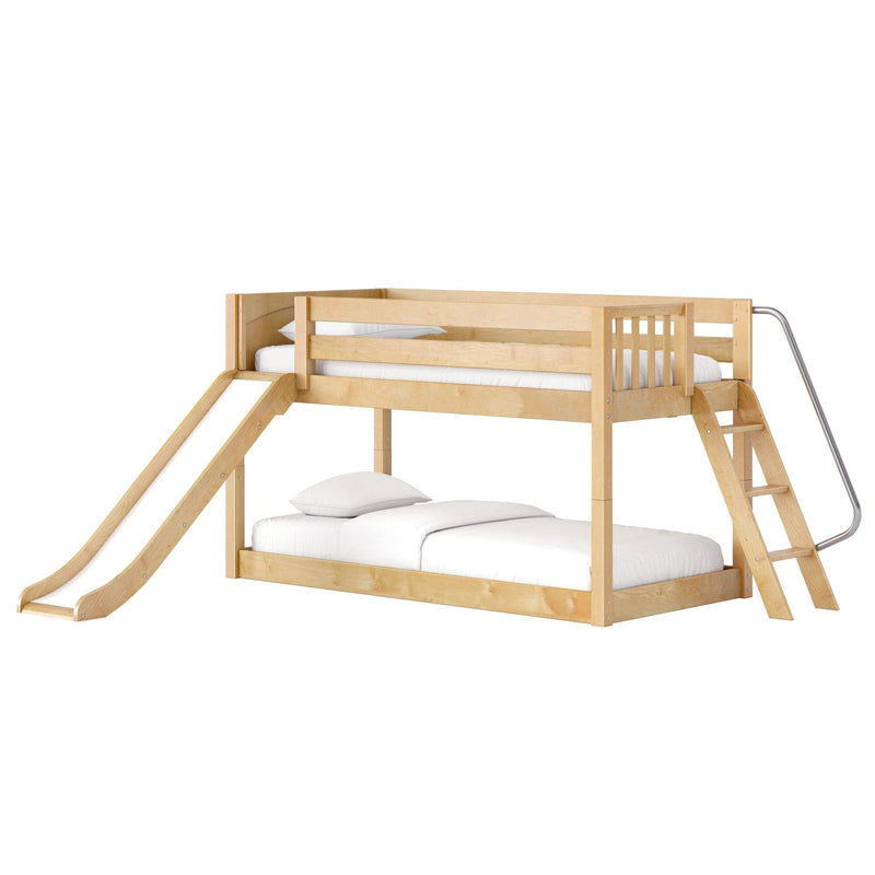 Natural maple wood loft bunk bed with slide and ladder, twin-over-full kids' bed with safety rails and white bedding optimized for children's bedroom decor