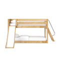Modern natural wood kids bunk bed with built-in slide and ladder, white bedding and safety guardrail
