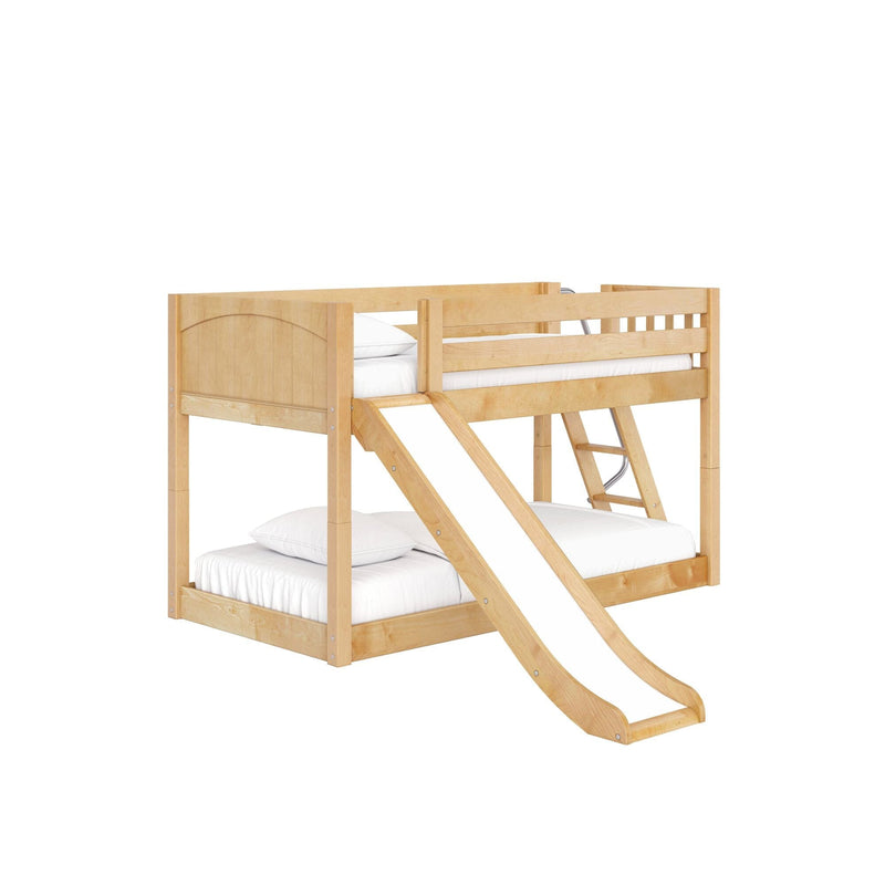 Natural wood finish solid wood bunk bed with safety rails, angled ladder and curved slide, white mattresses and pillows — kids loft bunk bed for children's bedroom