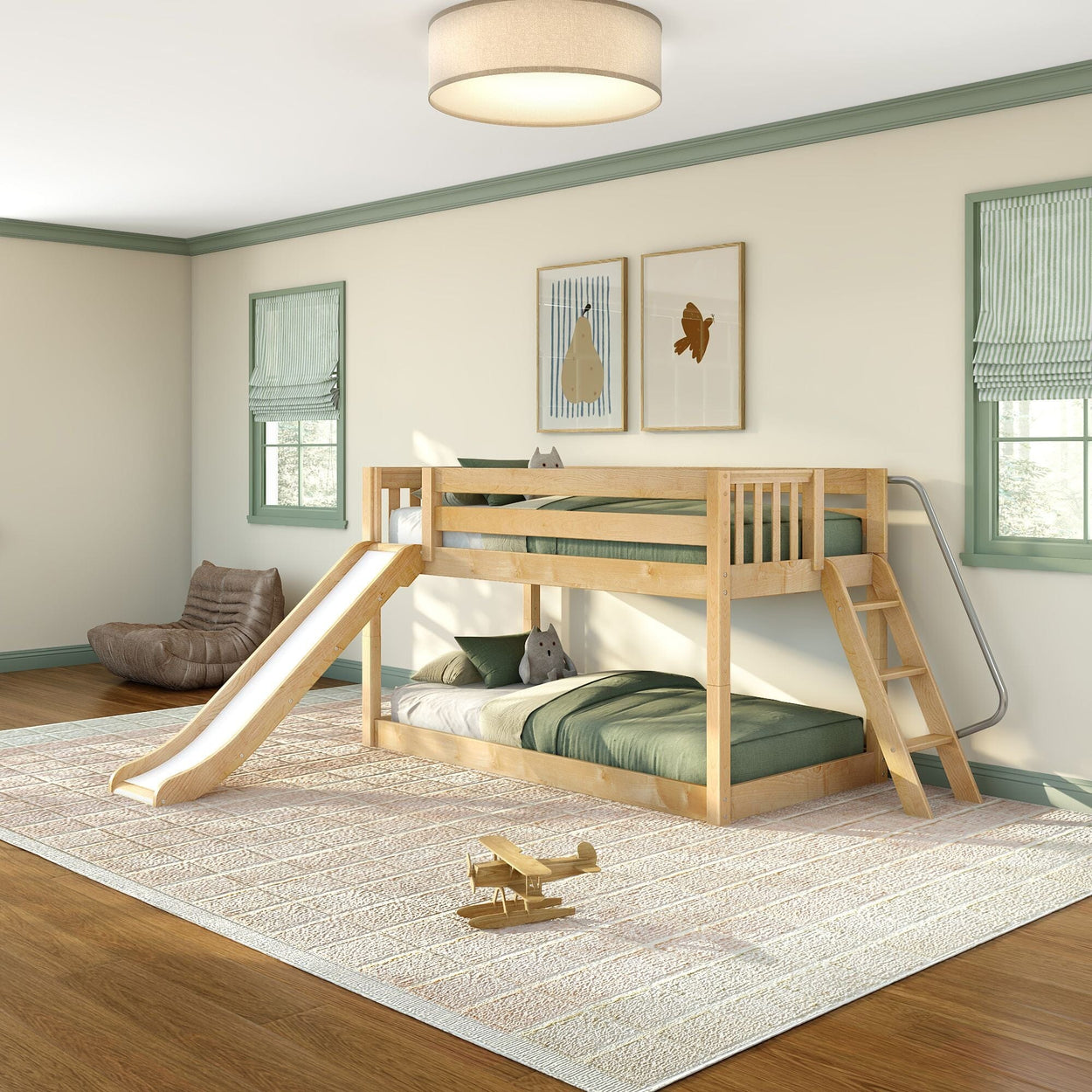 Natural wood kids bunk bed with slide and ladder, green twin bedding in a modern children's bedroom with rug and wooden toy airplane