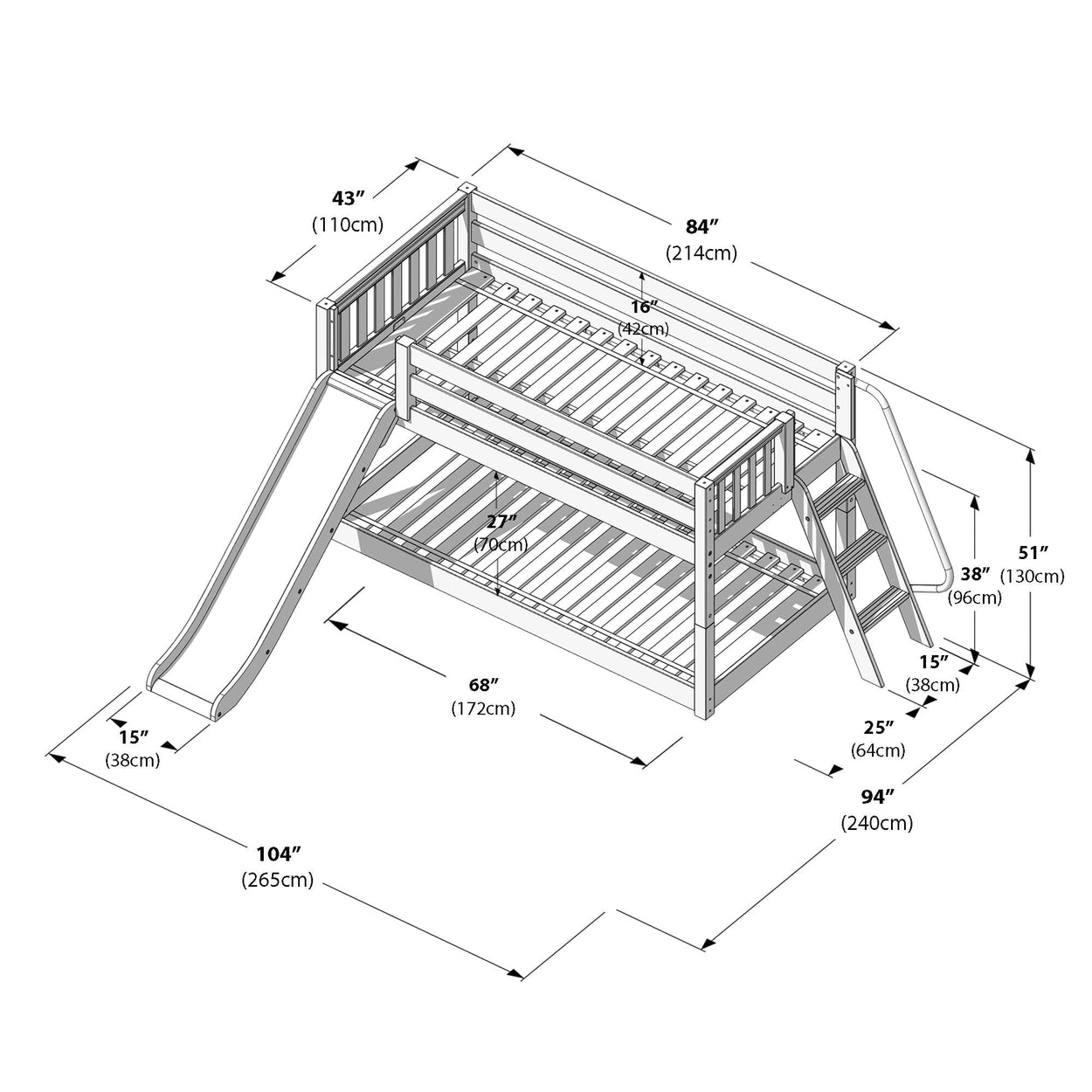 Dimensional diagram of a children's two-tier wooden bunk bed with slide, angled ladder and guardrails, showing measurements in inches and centimeters (104" x 94" x 51" / 265 x 240 x 130 cm).