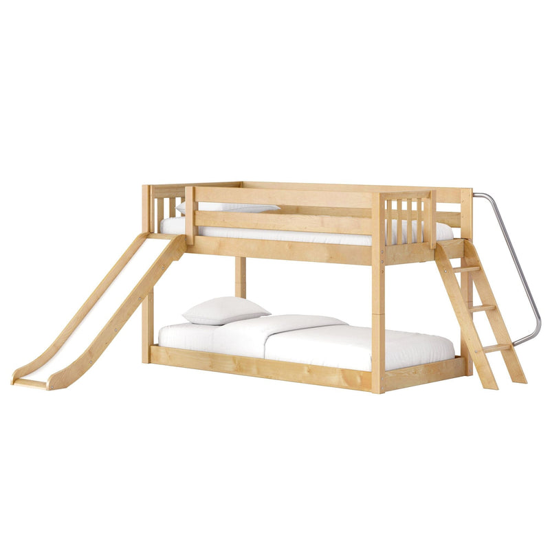 Solid wood kids loft bunk bed with slide and ladder, natural maple finish twin-over-full frame with guardrails and white bedding