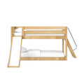 Light wood kids bunk bed with ladder and slide, white bedding, space-saving loft bed design