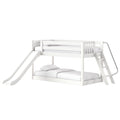 White wooden loft bunk bed with built-in slide, ladder and safety rails, staged with mattresses and pillows for kids' bedroom