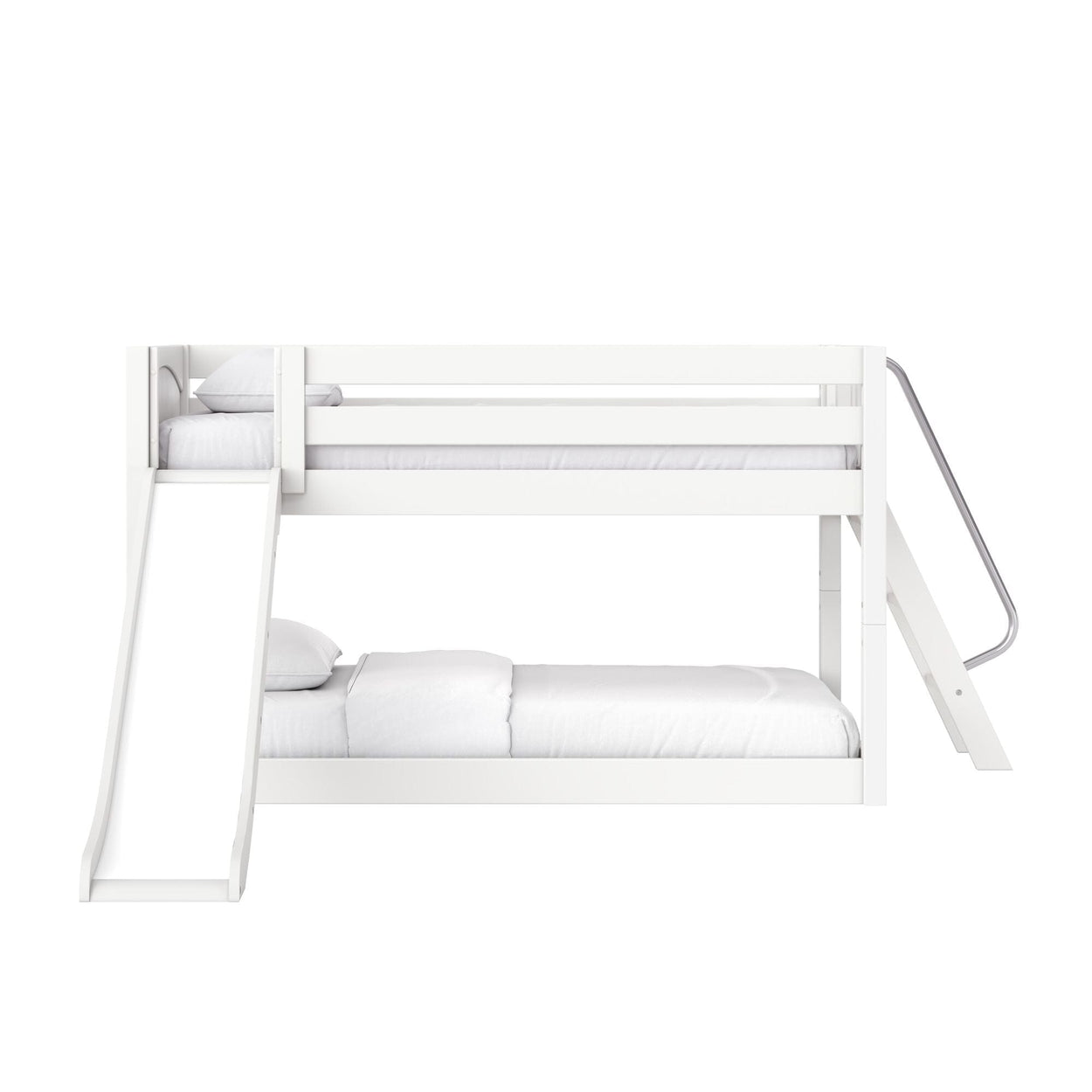 Modern white wooden bunk bed with built-in slide and ladder, two white mattresses and pillows, minimalist kids' bedroom furniture