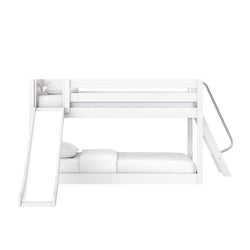 Modern white wooden bunk bed with built-in slide and ladder, two white mattresses and pillows, minimalist kids' bedroom furniture