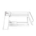 Modern white wooden bunk bed with slide and ladder, white bedding and pillows, minimalist kids' loft bed