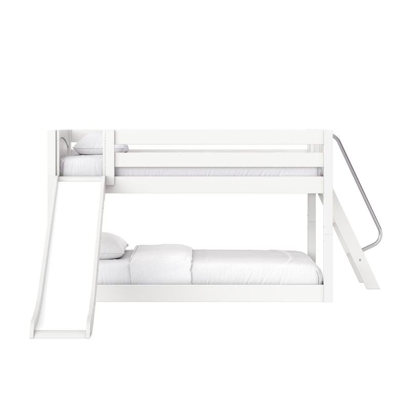 Modern white wooden bunk bed with slide and ladder, white bedding and pillows, minimalist kids' loft bed