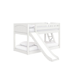 White loft bunk bed with slide and ladder, twin-over-full white wooden frame with guardrails, mattress and pillows — modern kids' bedroom furniture