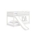 White wooden loft bunk bed with slide and ladder, kids' bed with guardrails and mattress, modern children's bedroom furniture